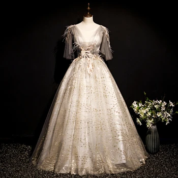 Zlato Tvaru Pol Rukávy Prom Šaty, Elegantné Perie Flitrami Luxusné Večerné Šaty Princezná Formálnej Strany Plesové Šaty 2022